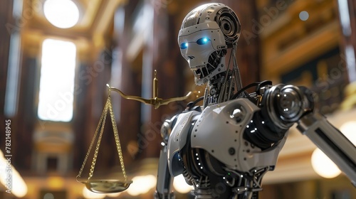 AI robot with law scale and 3D rendering of internet law concept photo