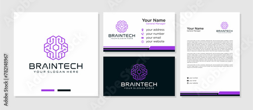 Brain Technology Modern Logo Vector Element   Smart Technology Logo   System   Brain Logo   with Business Card and Letterhead