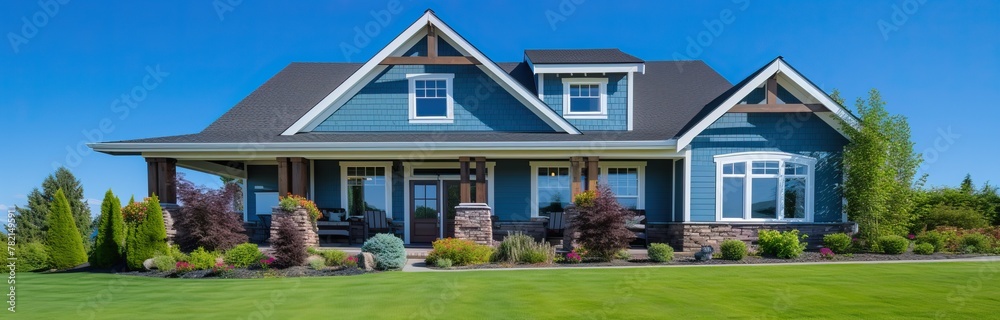 Charming Blue House with Lush Green Yard in a Peaceful Setting, Wide Banner