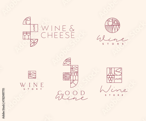 Wine art deco lettering labels drawing in linear style on light background
