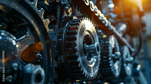 A close up of a row of gears with a metallic sheen. The gears are all different sizes and are arranged in a row. Concept of precision and order, as the gears are all lined up