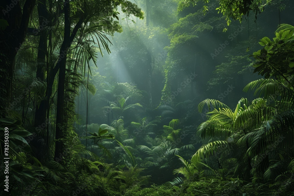 This photo captures a vibrant and dense forest with a multitude of trees, showcasing the abundant greenery, A tranquil rain forest scene with minimalist touch, AI Generated