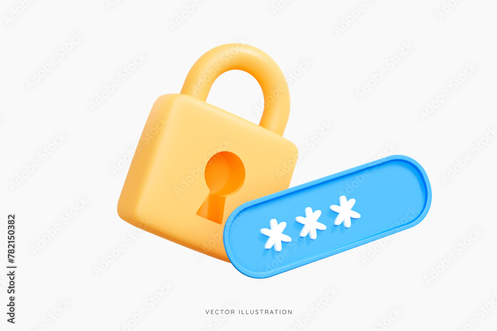 3D Locked padlock with password. Golden Lock and PIN code entry. Security and safety. Cyber Privacy concept. Cartoon creative icon design for web and app isolated on white background. 3D Vector Object - obrazy, fototapety, plakaty 