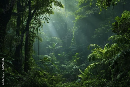 This photo captures a vibrant and dense forest with a multitude of trees  showcasing the abundant greenery  A tranquil rain forest scene with minimalist touch  AI Generated