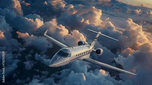 white private jet flying through the clouds, high angle shot