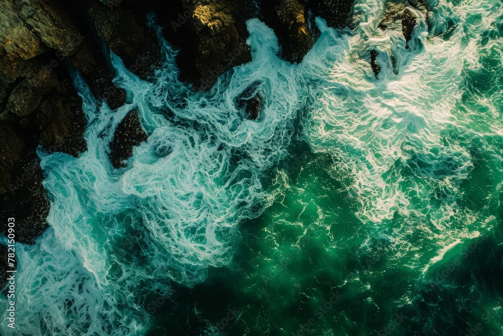 Aerial View of the Ocean and Rocks, A top-down view of green sea waves washing over rocky ledges, AI Generated Aerial View of the Ocean and Rocks, A top-down view of green sea waves washing over rocky ledges, AI Generated