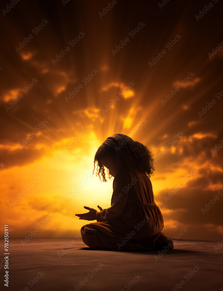 Prayer concept. Silhouette of a young African american girl child in a praying pose. Set against a vibrant sunset sunrise sky. Open hands. Also ties in with inner, uplifting, radiance, sacred, inspire
