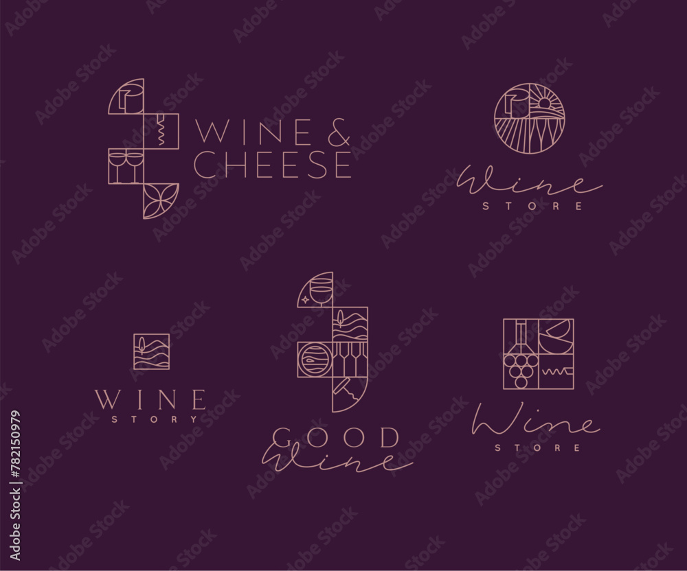 Wine art deco lettering labels drawing in linear style on violet background