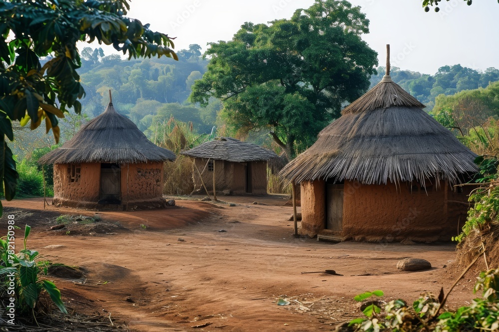 A collection of huts positioned on a dirt road, showcasing a rural setting, A traditional African mud hut village, AI Generated A collection of huts positioned on a dirt road, showcasing a rural setting, A traditional African mud hut village, AI Generated
