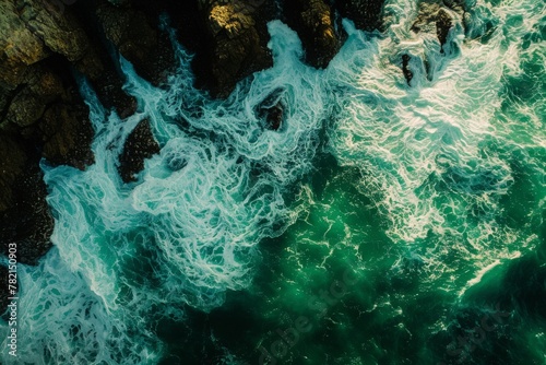 Aerial View of the Ocean and Rocks, A top-down view of green sea waves washing over rocky ledges, AI Generated