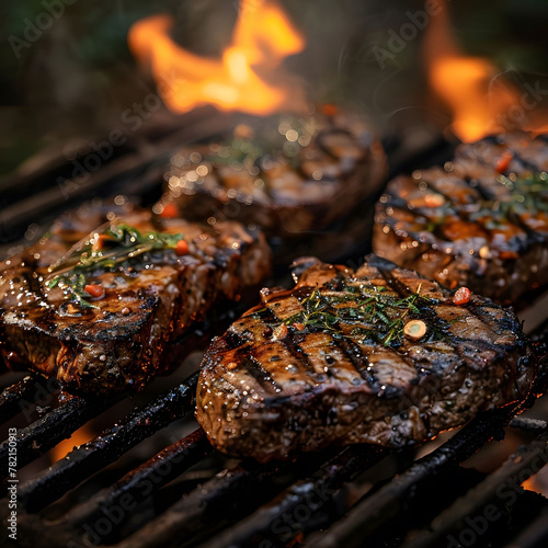 A piece of meat is being cooked on a grill with some herbs and spices on top