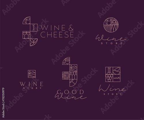 Wine art deco lettering labels drawing in linear style on violet background