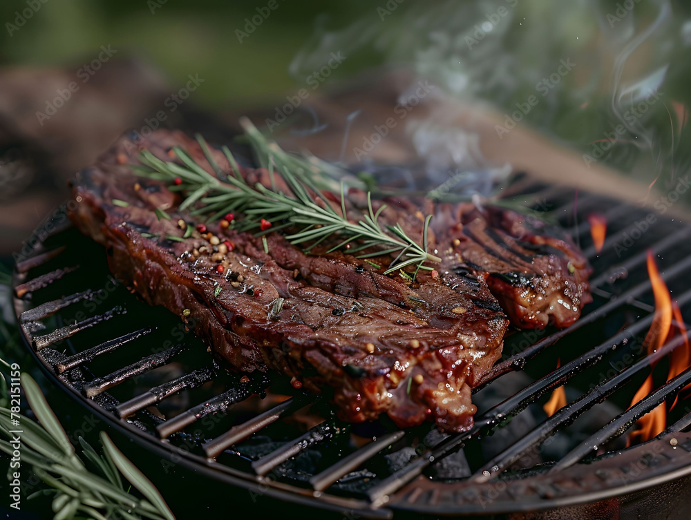A piece of meat is being cooked on a grill with some herbs and spices on top A piece of meat is being cooked on a grill with some herbs and spices on top