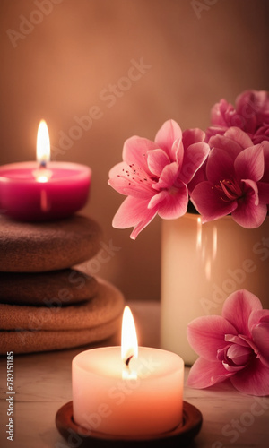 Burning candles and pink flowers on the table. A peaceful and relaxing atmosphere with a touch of color and light. Great for spa or beauty themes. 