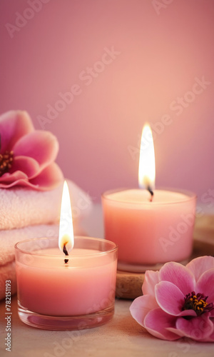 Burning candles and pink flowers on the table. A peaceful and relaxing atmosphere with a touch of color and light. Suitable for spa or beauty themes with space for text. 