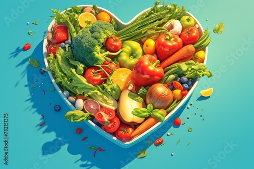 A heart-shaped bowl filled with fresh fruits and vegetables on a pastel green background, symbolizing the importance of healthy eating for good health