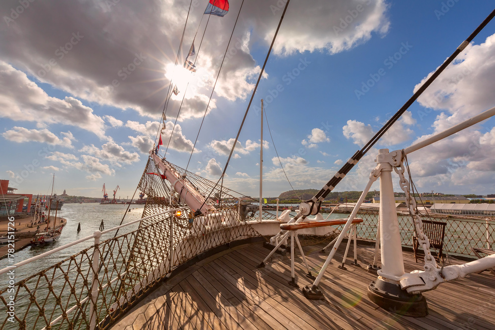 Fototapeta premium Bowsprit of sailing vessel Barken Viking, ships and boat in Gothenburg, Sweden.