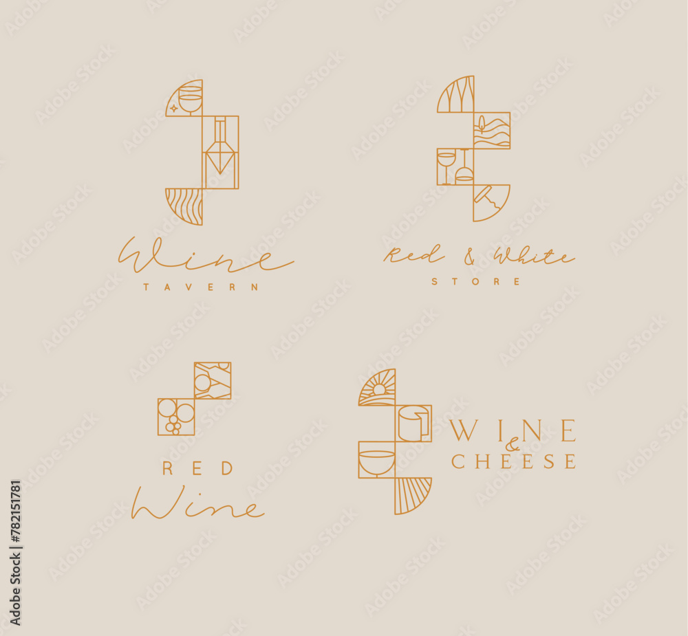 Art deco wine labels with lettering drawing in linear style on beige background