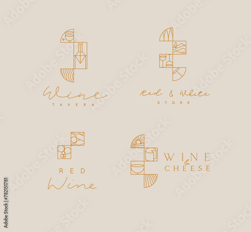 Art deco wine labels with lettering drawing in linear style on beige background