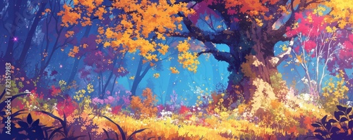 A magical autumn forest with colorful trees and sparkling stars. 