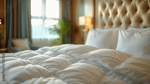 Beds adorned with plush comforters in a high-end hotel room setting