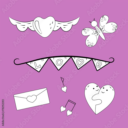Love set. Cartoon illustrations with heart elements. Black and white on lilac background