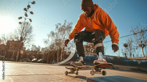 Skateboarder performing a trick at a skate park with a cityscape background