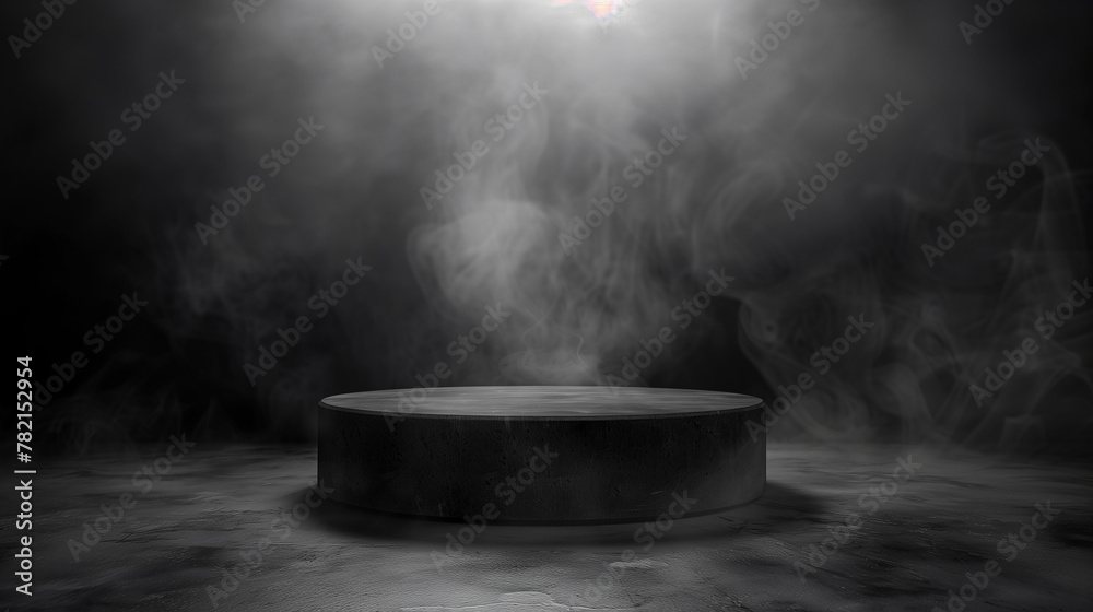 Black podium, black smoke, product platform background, abstract stage, surface, fog, spotlight, black floor podium Black podium, black smoke, product platform background, abstract stage, surface, fog, spotlight, black floor podium
