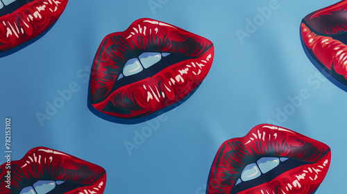 Lábios vermelhos no fundo azul - Papel de parede photo