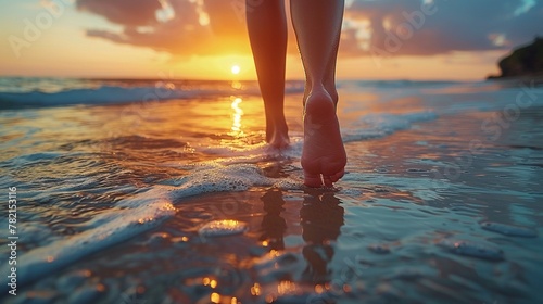 Woman with delicate feet walking on a beach at sunset