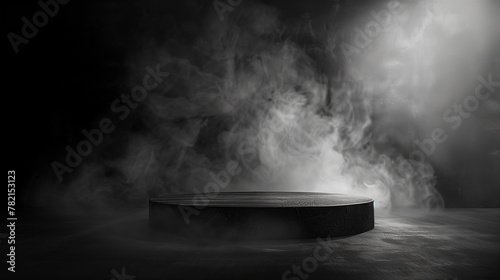 Black podium, black smoke, product platform background, abstract stage, surface, fog, spotlight, black floor podium