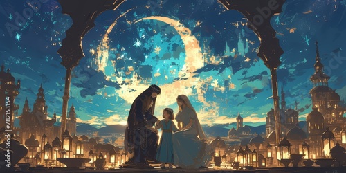 A family of four stands under the crescent moon, with lanterns and stars twinkling in the background.  photo