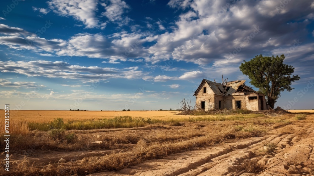 Dilapidated farmhouse desolate field view Dilapidated farmhouse desolate field view