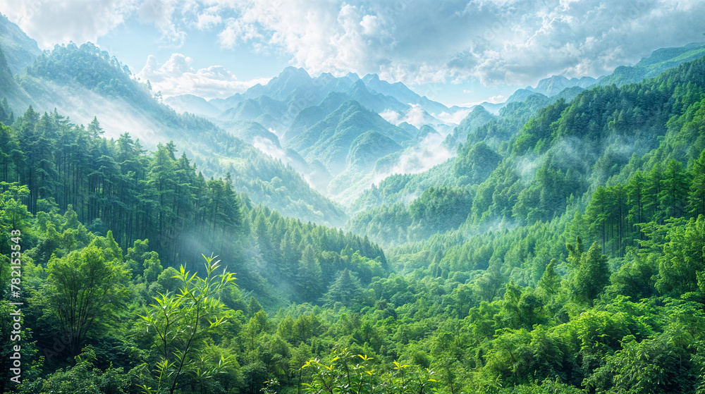 Panorama view of a green asian landscape with misty forests and mountains