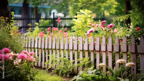 Aged picket fence in garden photo