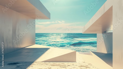 Landscape scene with geometric form. Ocean beach view. 3D rendering. © Zaleman