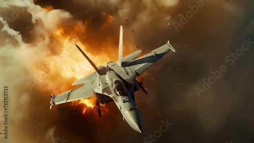 fighter jet flying through explosion, high angle shot