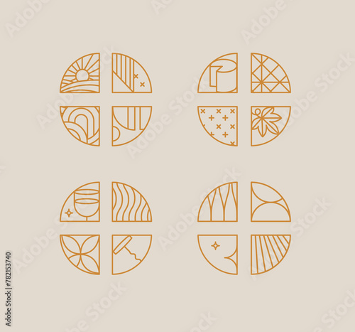 Wine art deco chevrons drawing in linear style on beige background
