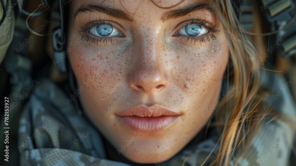 Portrait confident female army soldier departing for deployment