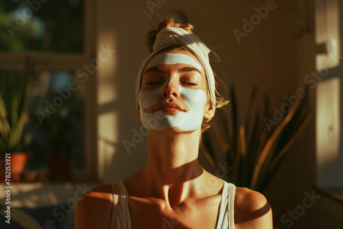 Giovane donna con maschera beauty sul viso attende che si asciughi meditando e rilassandosi photo