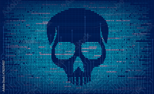Computer code with a skull on the screen. Cybercrime and Internet virus. Stock vector illustration