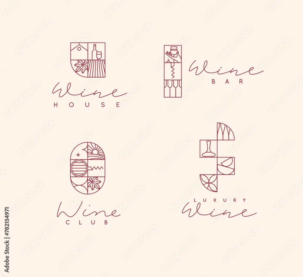 Wine art deco labels with lettering drawing in linear style on light background