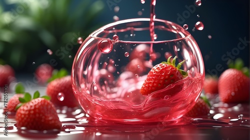 A photorealistic image showcasing a modern mockup with pink drops of strawberry or cherry juice, fruit drink, and clear bubbles. The focus is on realistic rendering of the liquid drops, bubbles, and t photo