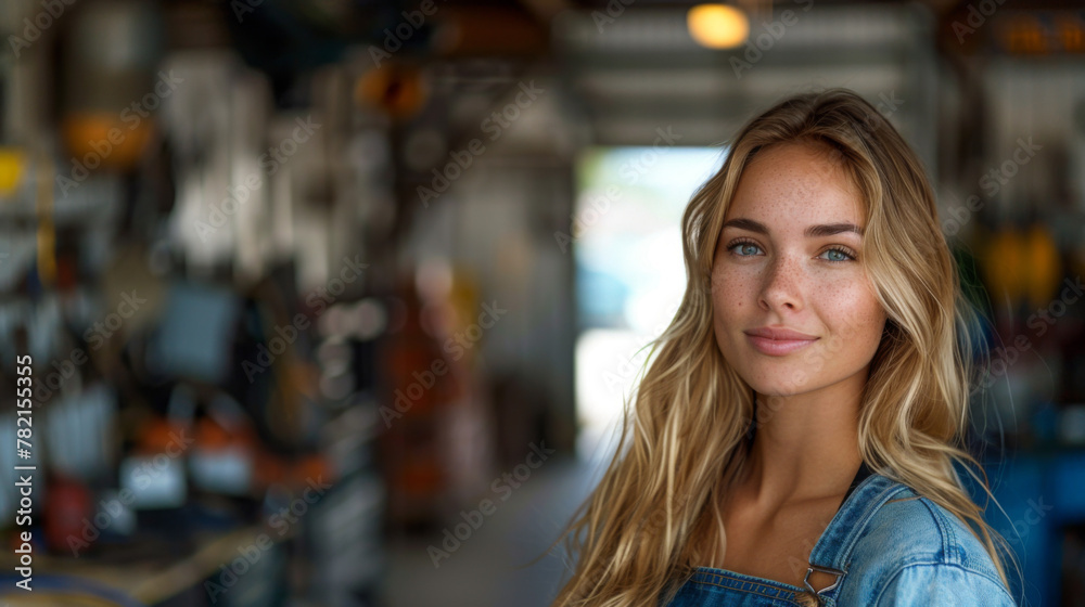 Portrait confident smiling female auto mechanic in garage