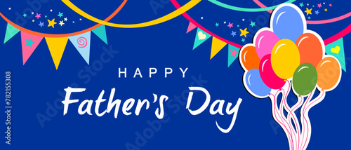 Happy Father's Day card. Celebration blue background with garland, balloons, gift boxes, star and place for your text. Horizontal banner. Greeting, invitation card or flyer.  Vector Illustration