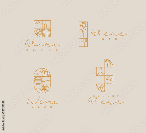 Wine art deco labels with lettering drawing in linear style on beige background