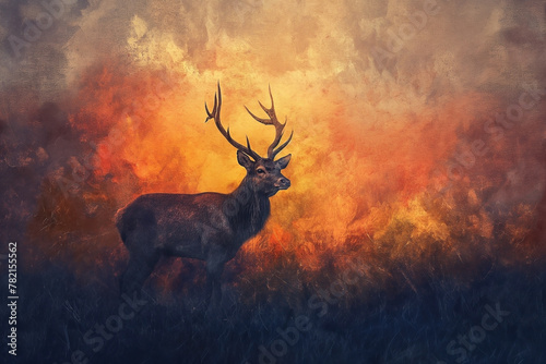 Portrait of a deer stag during rutting season in the forest at sunset. Landscape nature background © khozainuz