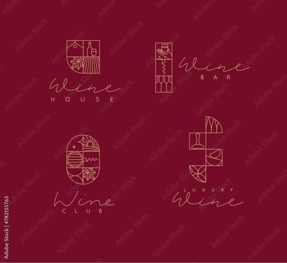 Wine art deco labels with lettering drawing in linear style on red background
