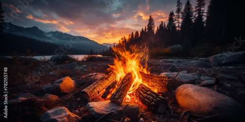 Serene Sunset Campfire in Mountainous Woodland