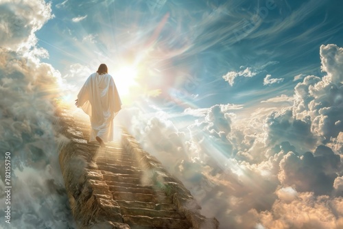 Divine Ascension Jesus Walking Up Stairs in the Heavenly Clouds photo